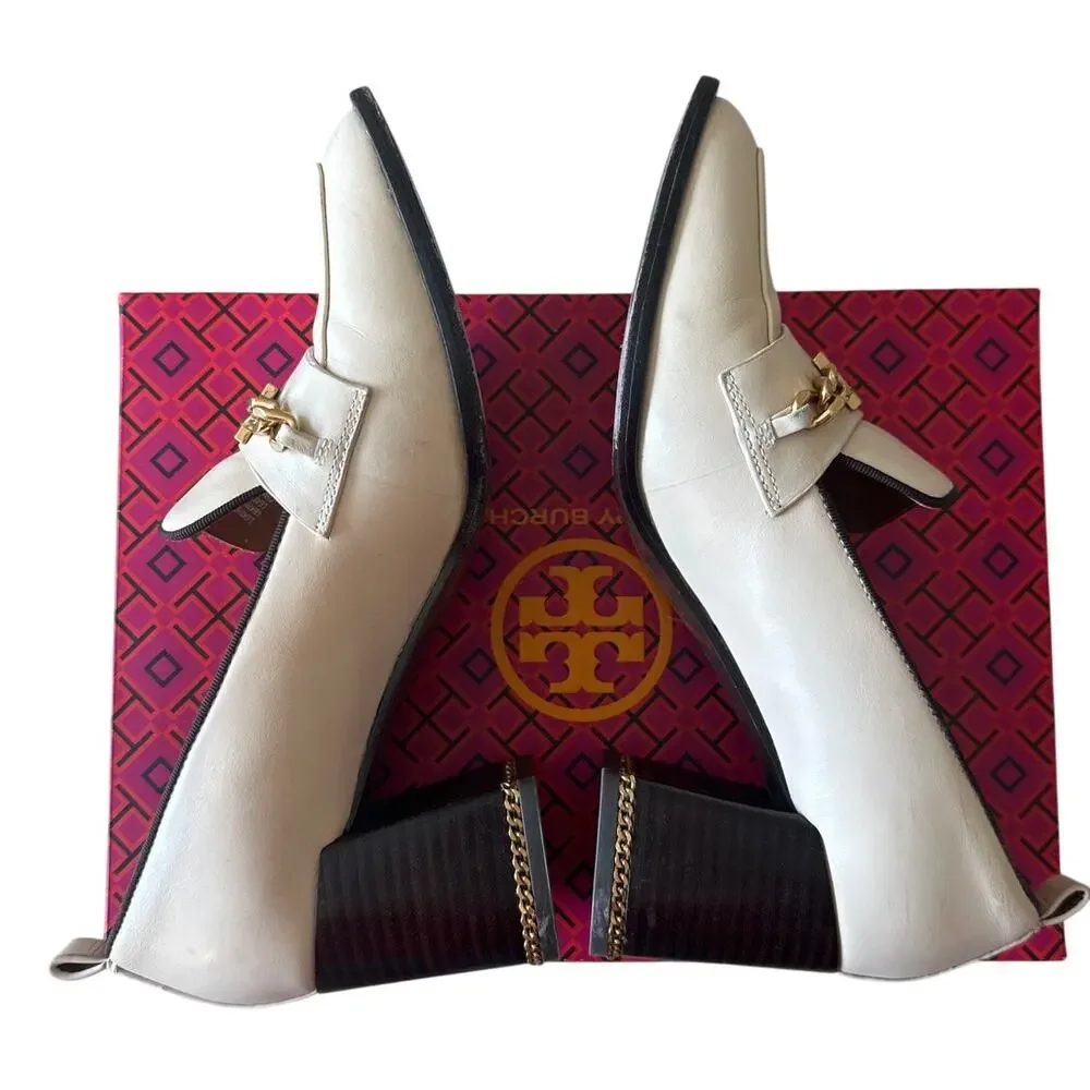 Tory Burch Perrine Heeled Loafers‎ Cream Chain Block Heel 7.5